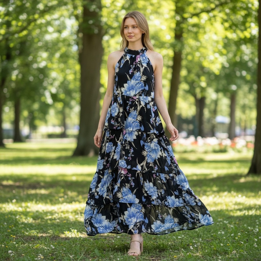 Lulus‎ Floral Maxi Dress Womens Size Medium Black Blue Tiered Halter Ruffle